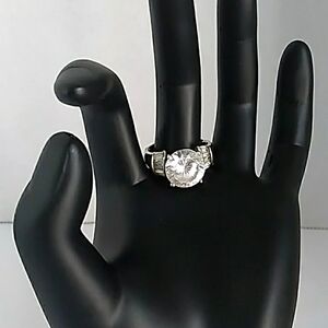 Statement Ring Round‎ Cut Cubic Zirconia CZ Cocktail Ring Silver
